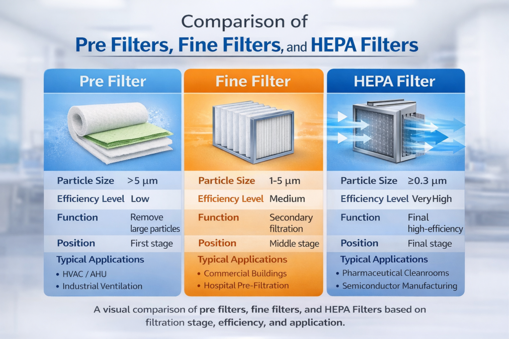 Comparison of Pre Filters, Fine Filters, and HEPA Filters
